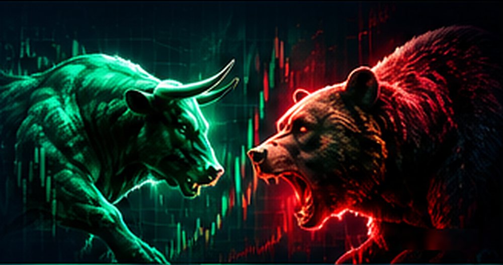A green bull and a red bear facing each other in front of candlestick charts